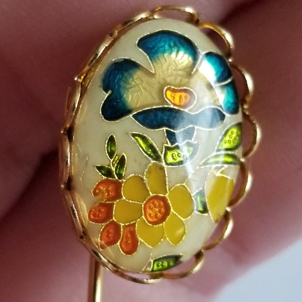 Vintage floral stickpin stick pin cloisonne enamel cabochon gold tone lapel - Picture 4 of 10